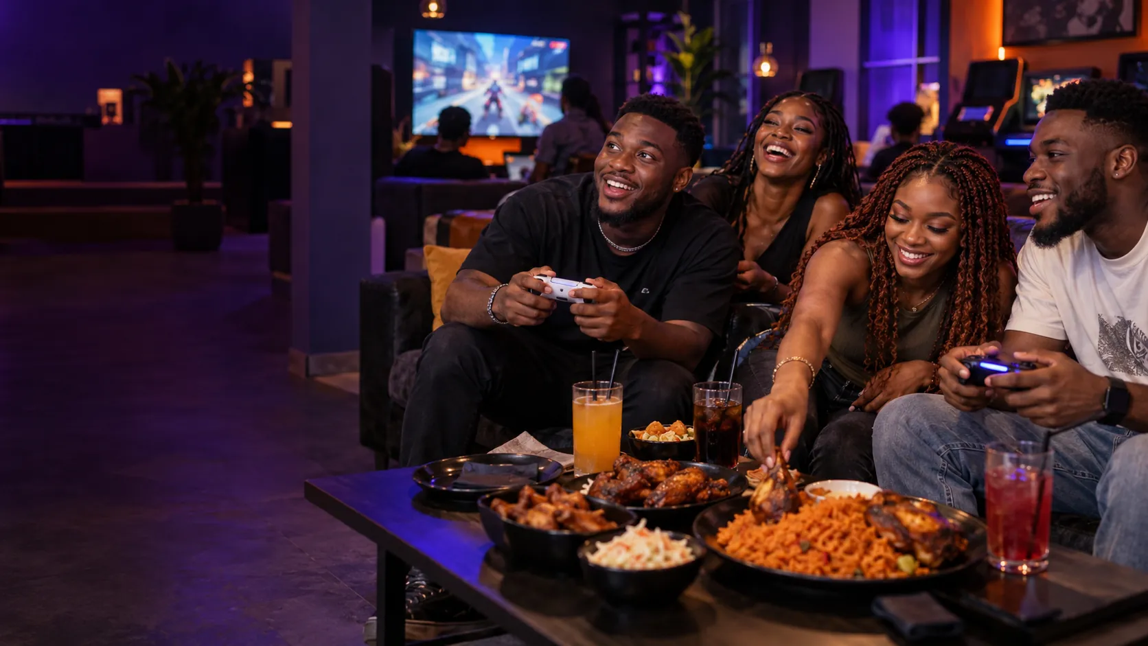 Friends sharing Nigerian food and playing games at a gaming lounge.